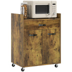 Kitchen Trolley with Drawer, Cabinet and 4 Wooden Wheels, 60x40x77cm, Rustic Brown
