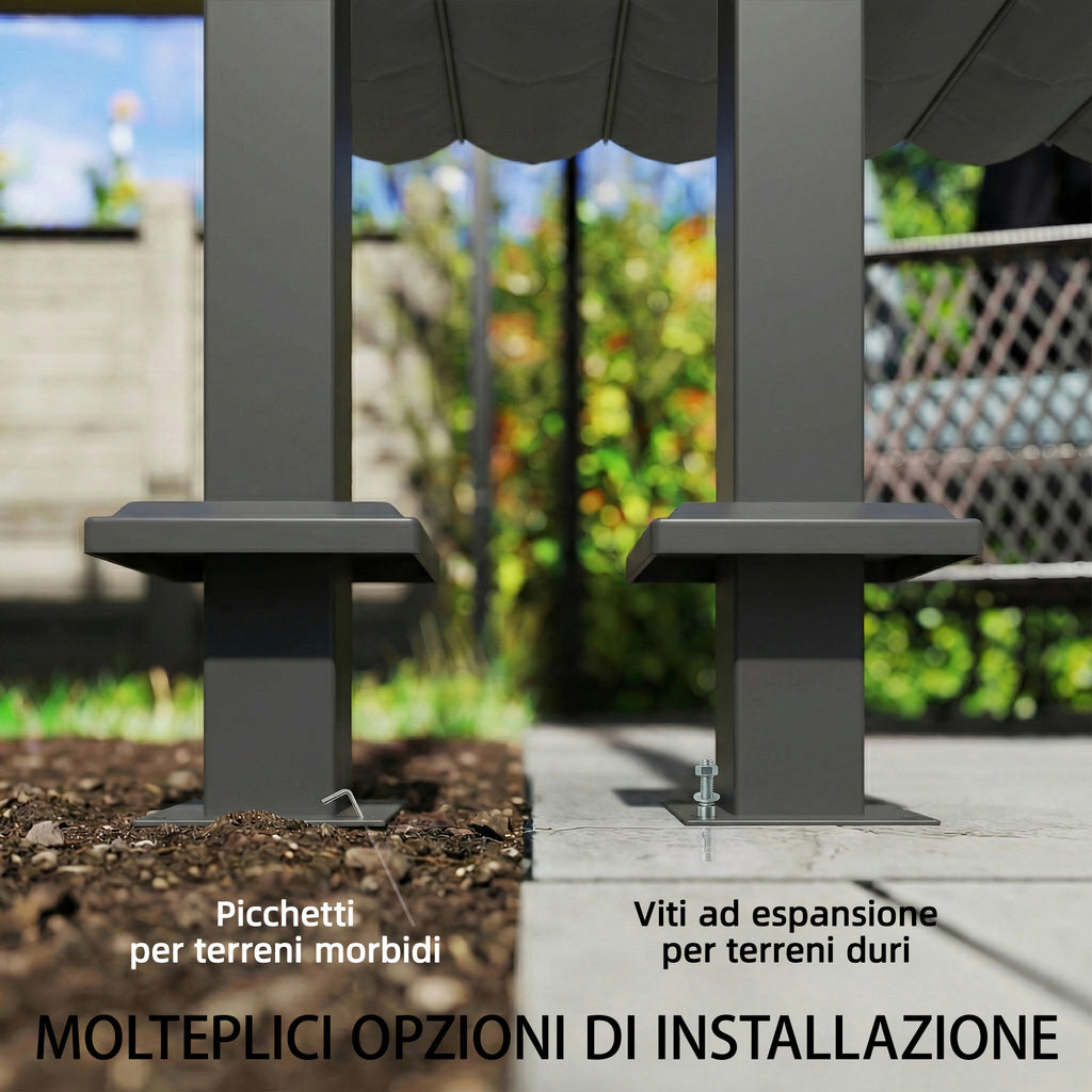 Outsunny 3x3m Lean-to Pergola with Retractable Sliding UV30+ Roof and Drainage Holes, Dark Grey