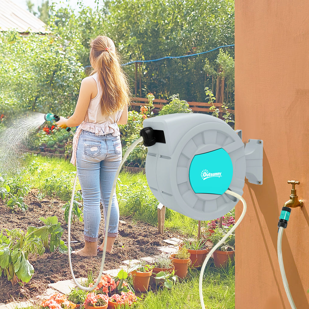 Automatic Wall Mounted and Portable Hose Reel Length 25+2 m, Locking System and 7 Jets, Grey