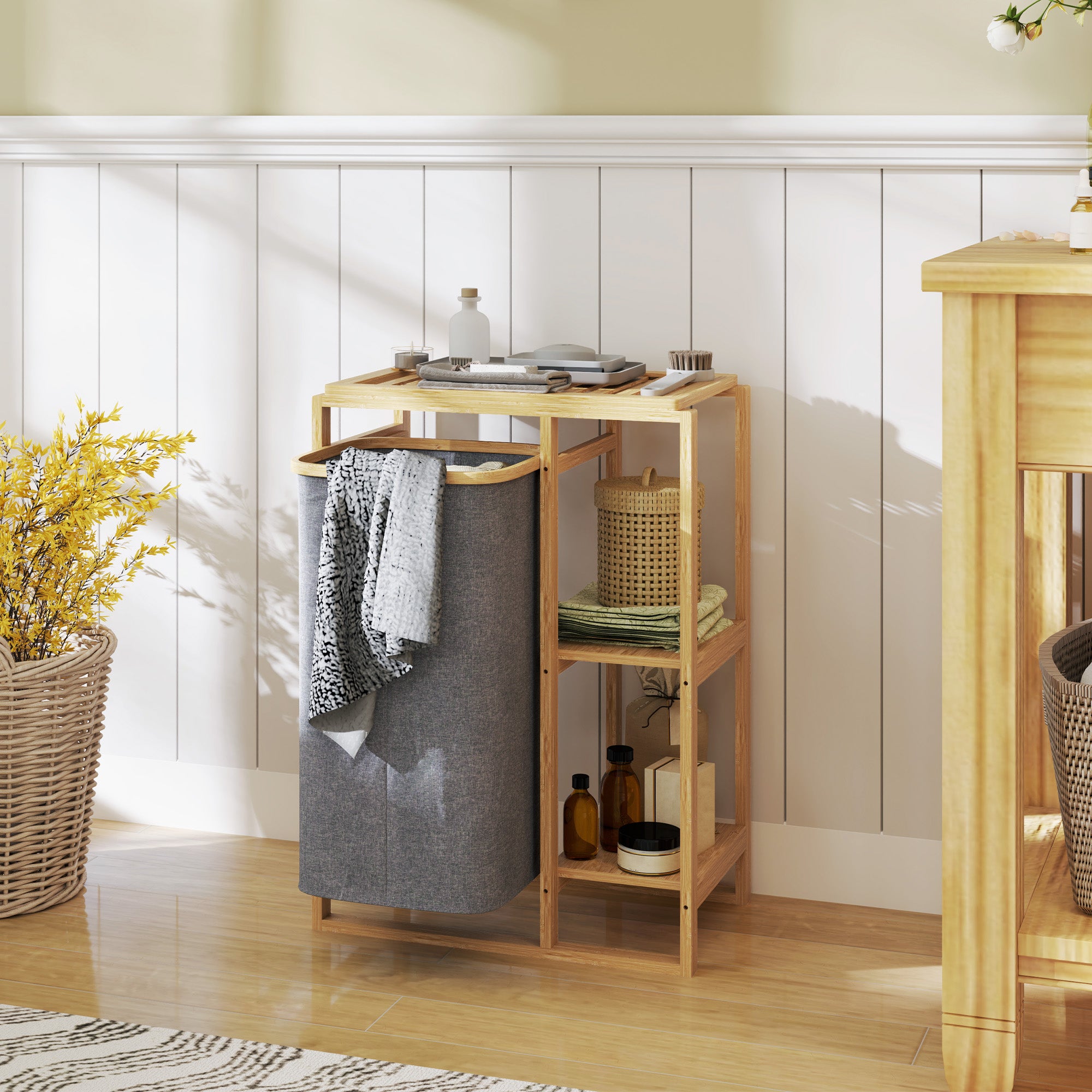 Laundry Basket with Pull-Out Bag and Bamboo Slatted Shelves, 50x32x70 cm, Grey