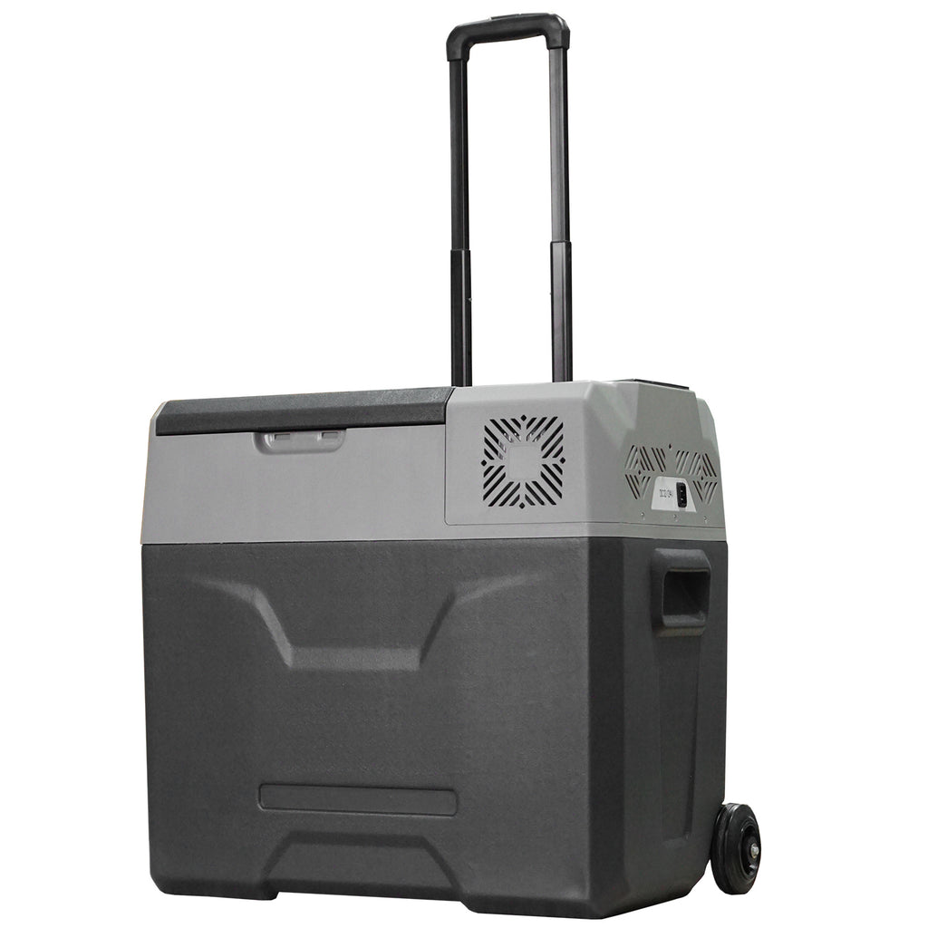 50L Car Fridge with Touch Panel, Handle and 2 Wheels, in Aluminum and Plastic, 58.6x37.8x54.5 cm, Gray