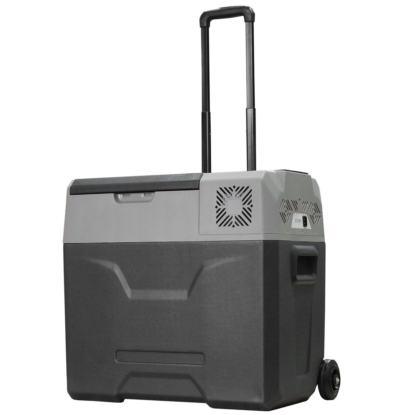 50L Car Fridge with Touch Panel, Handle and 2 Wheels, in Aluminum and Plastic, 58.6x37.8x54.5 cm, Gray