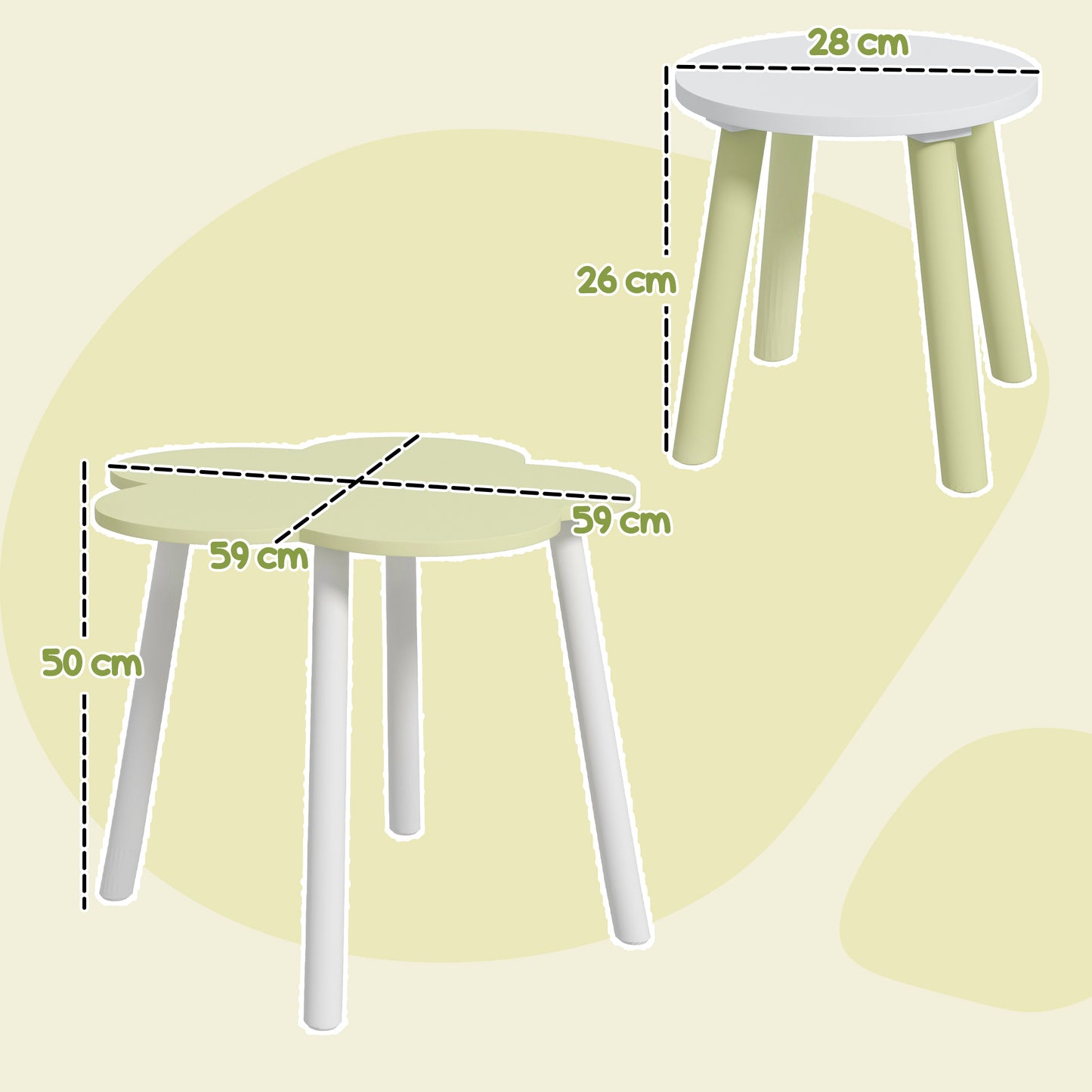 Table and Chair Set for Children 2-5 Years, 3 pieces in MDF and Pine Wood with Flower Design, Yellow and White