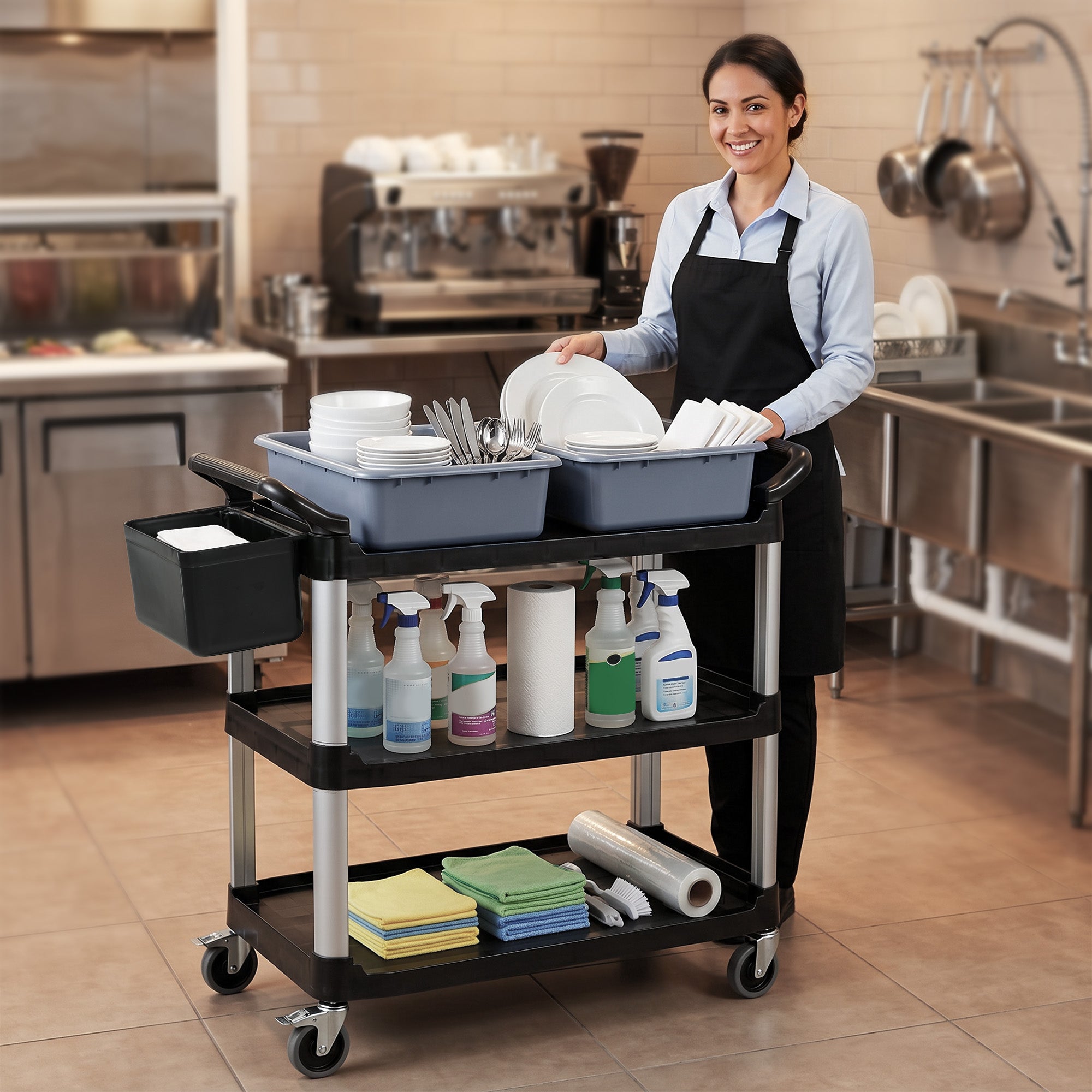 HOMCOM Professional 3-Tier Cleaning Cart with 2 Removable Bins, Side Bin and 4 Wheels, Black