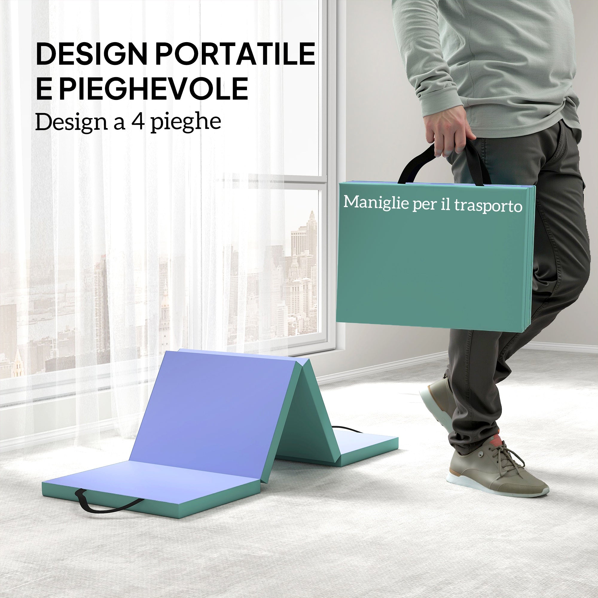 Foldable and Padded Fitness Mat with 2 Handles, Made of Plastic and EPE, 180x60x5 cm, Green and Purple