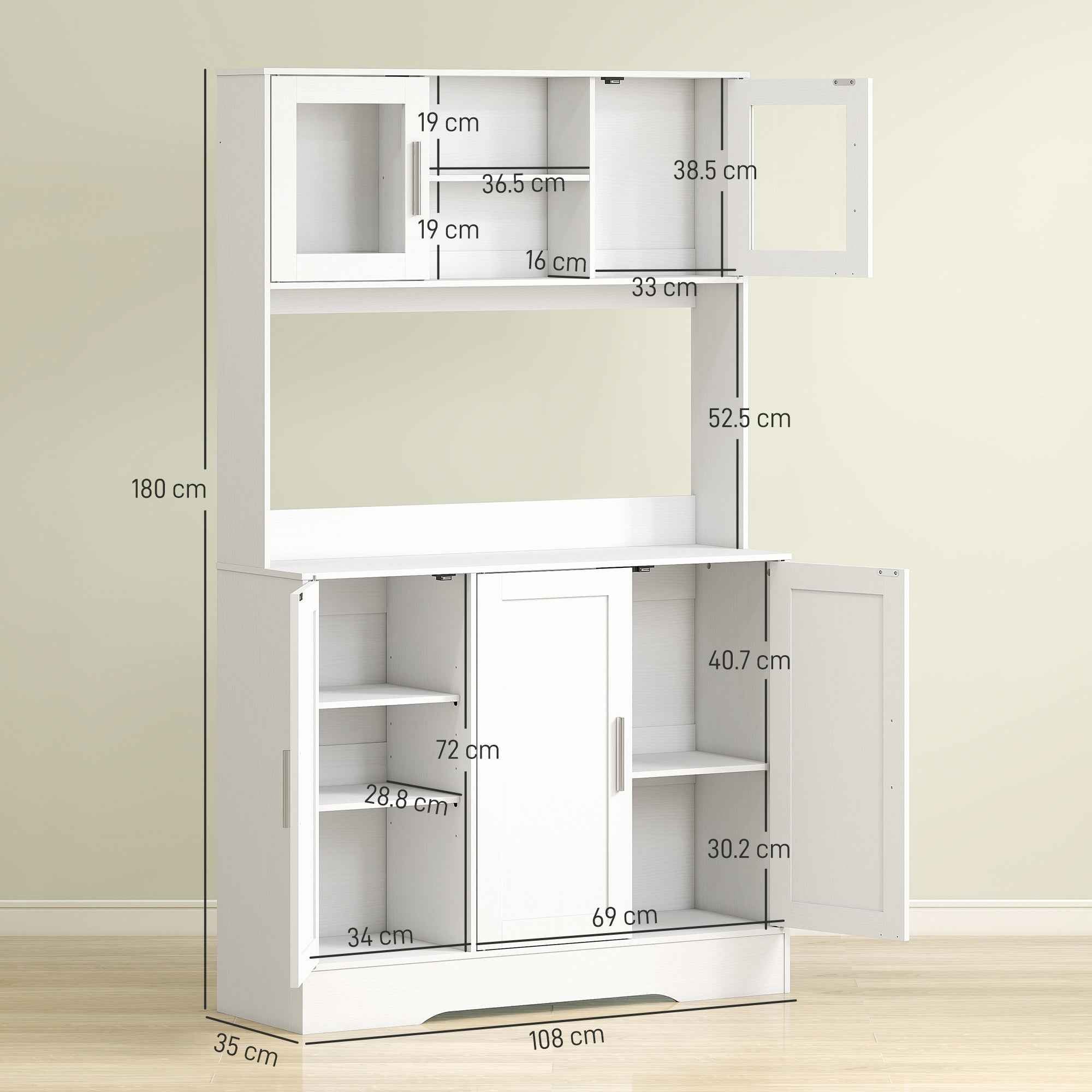 HOMCOM 4-Cup Pantry Unit with 2 Open Shelves and Worktop, Wood and Glass, 108x35x180 cm, White