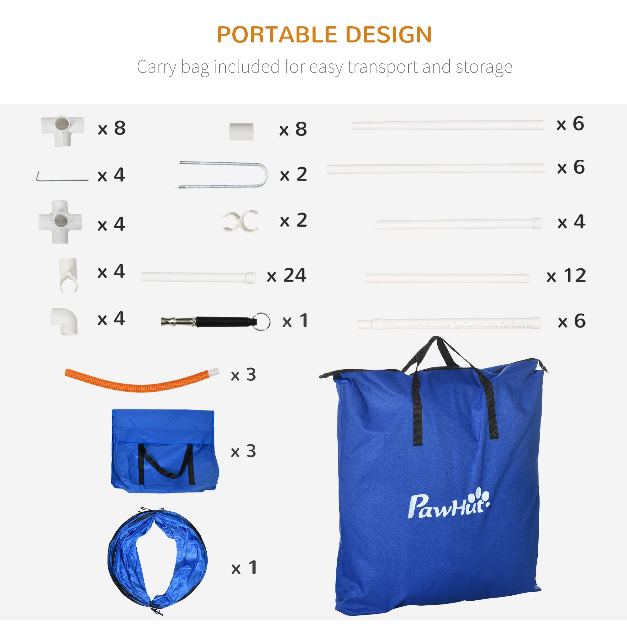 Pawhut Set Agility Dog 7 pieces with whistle and transport bag, plastic and ABS, 89x69x99 cm, blue orange white - Borgè