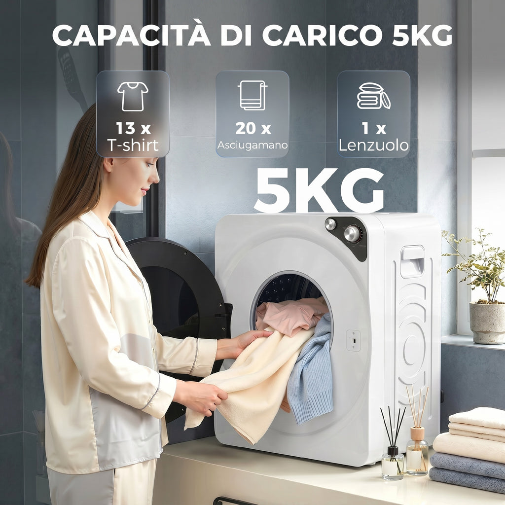 HOMCOM 1000W Portable Dryer with 5 Programs and Timer, in PCM and Stainless Steel, 49x43x61 cm, White
