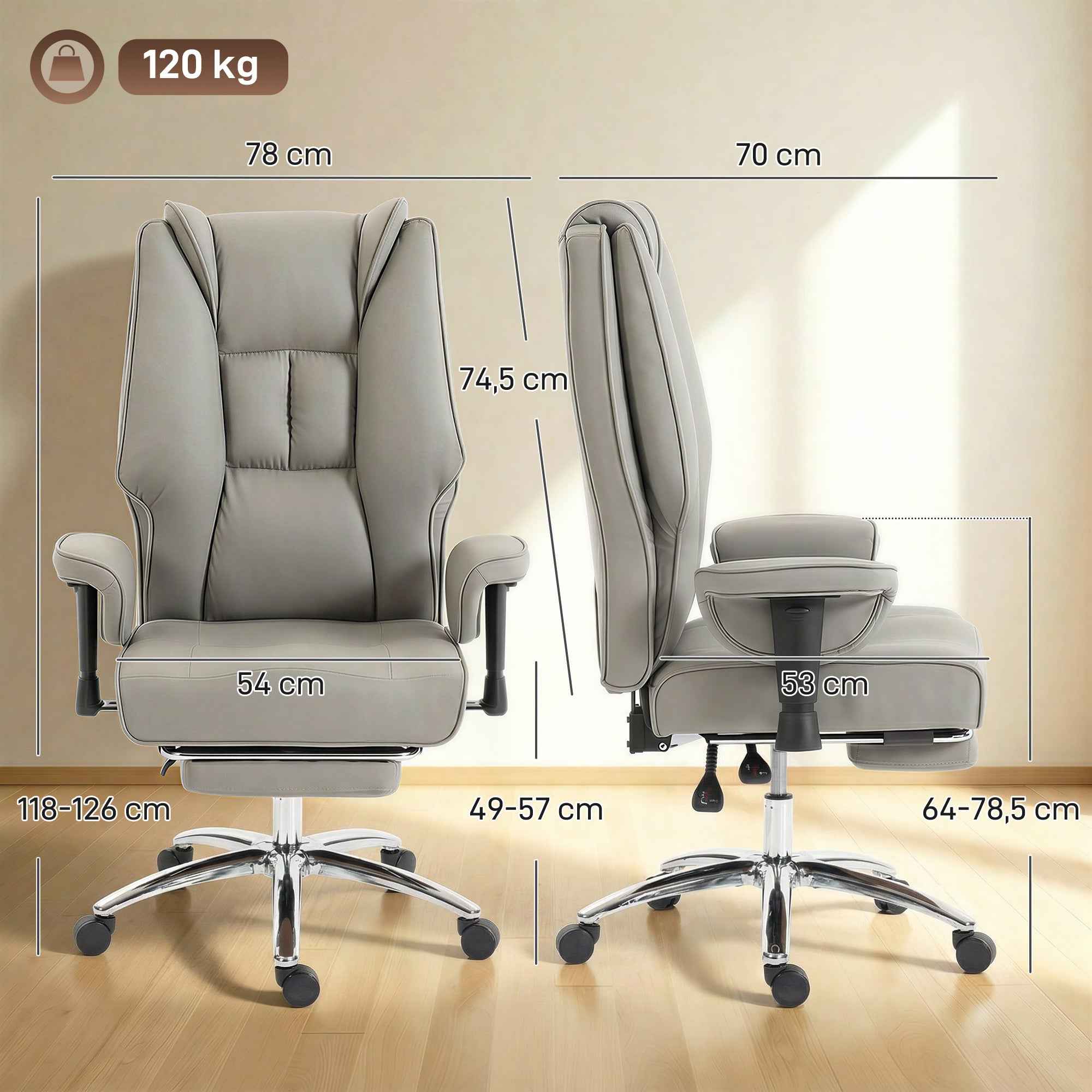 HOMCOM Ergonomic Reclining Office Chair with Footrest, High Back, Adjustable Height, Light Grey