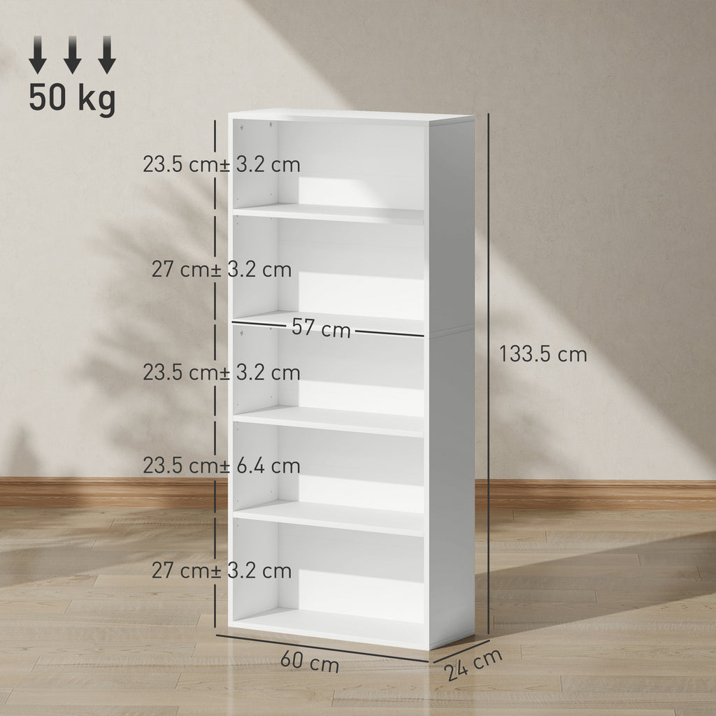 5-Shelf Bookcase Cabinet with 3 Flexible Shelves, in Wood, 60x24x133.5 cm, White