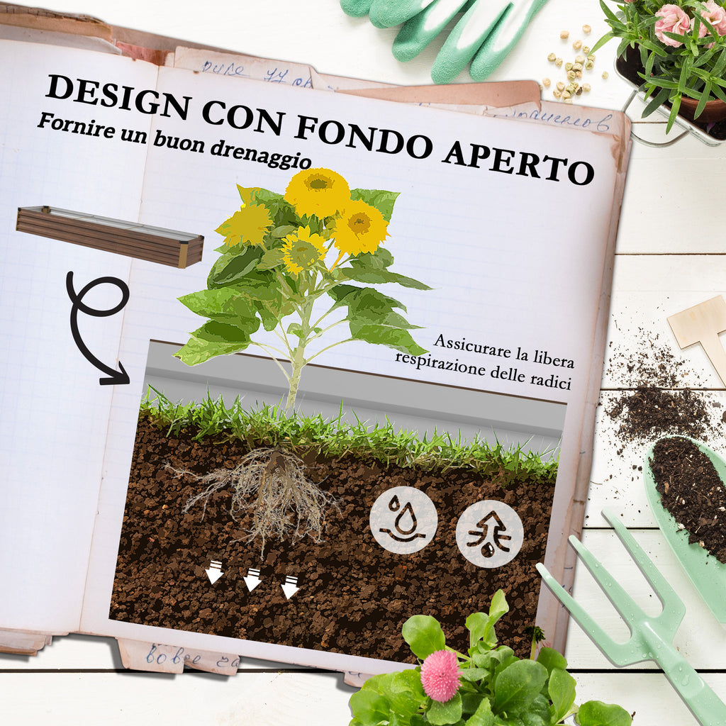 Outsunny 405L Open Bottom Metal Raised Planter, 240x60x30cm, Dark Wood Color
