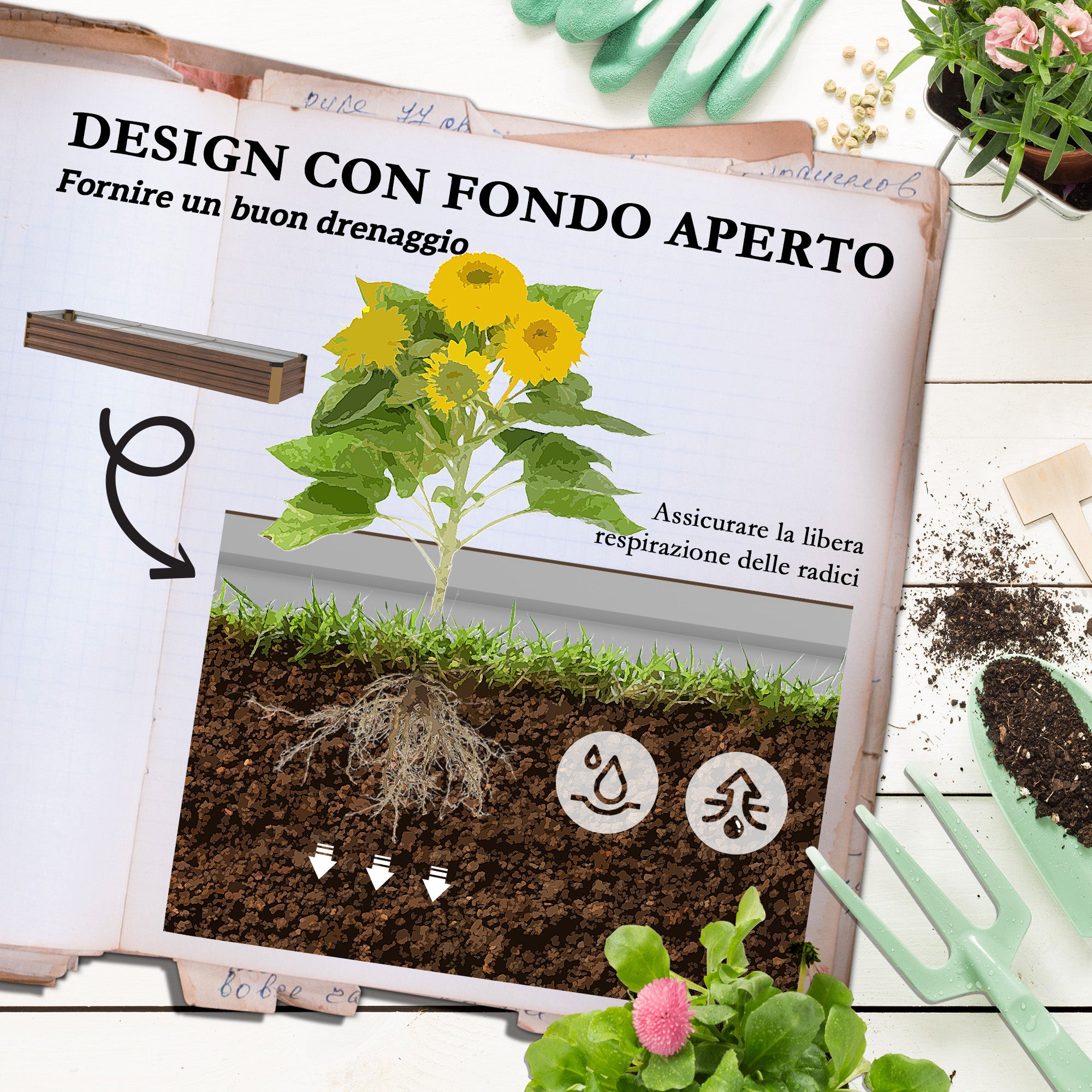 Outsunny 405L Open Bottom Metal Raised Planter, 240x60x30cm, Dark Wood Color