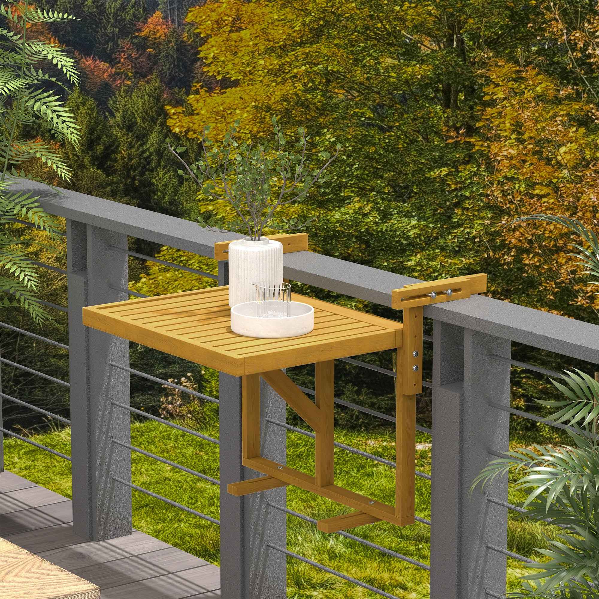 Outsunny Folding and Adjustable Wooden Balcony Railing Table, Wood Color