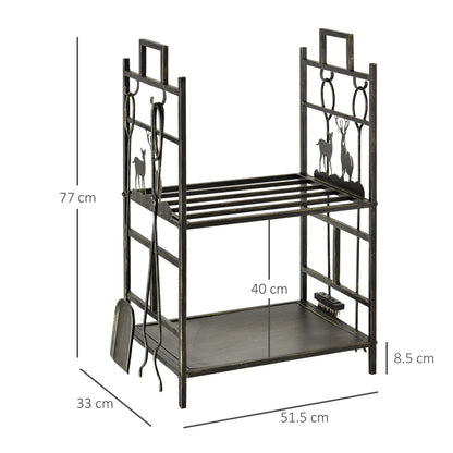 Wrought Iron Log Holder with Fireplace Tools, Handles and Raised Base, 51.5x33x77cm, Black