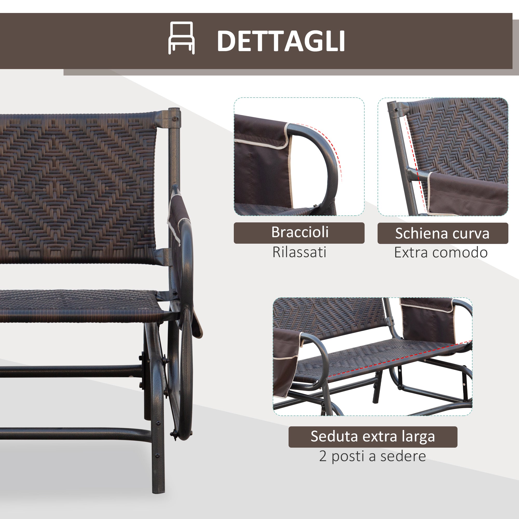 2-Seater Rattan and Steel Garden Swing Bench with Side Pockets, 122x75x88cm Brown and Black