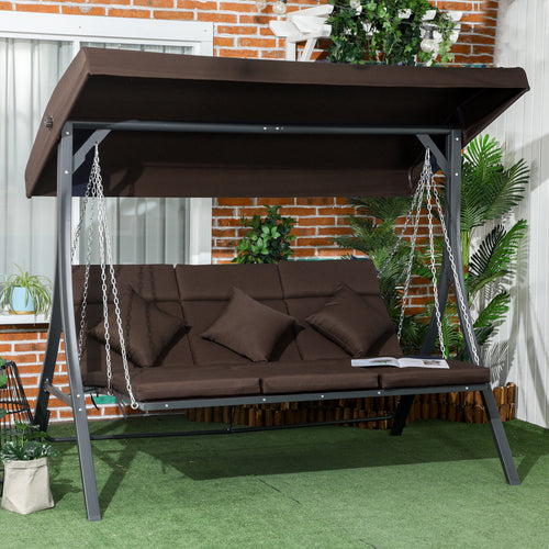 3 Seater Garden Swing with Cushions, Chaise Longue Seat and Canopy, 198x118x168 cm, Brown
