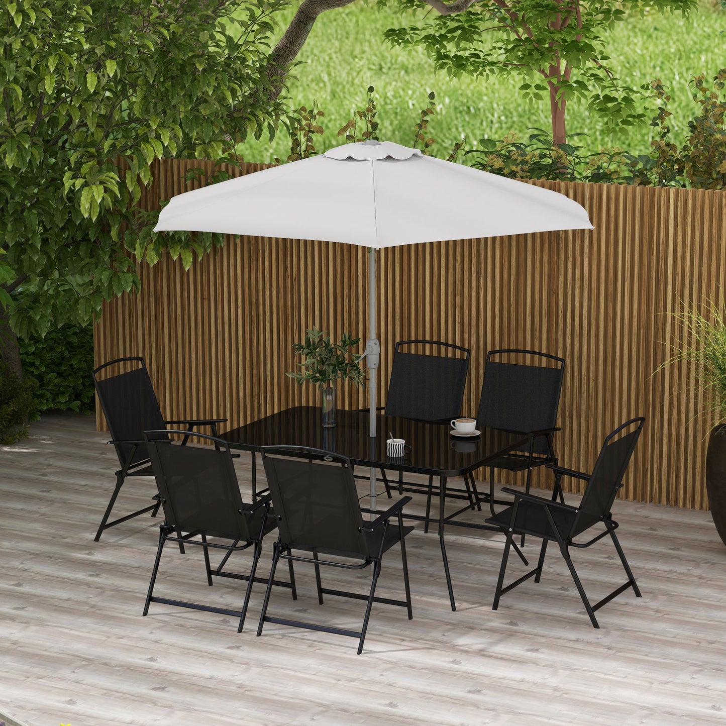 Outsunny Garden Set with Dining Table, 6 Folding Chairs and Crank Umbrella, Gray and Black - Borgè