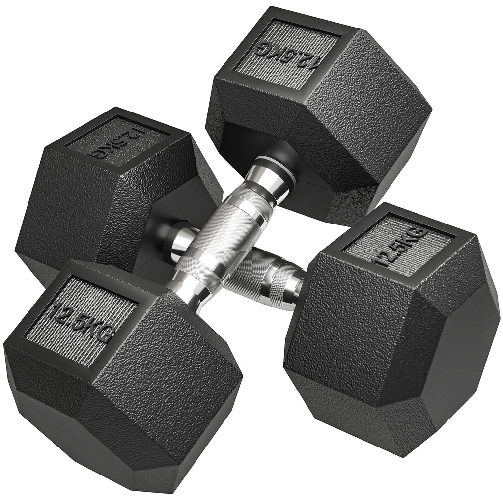 HOMCOM 2 x 12.5 kg Hex Dumbbell Set, Gym Weights with Non-Slip Knurled Grip, Black