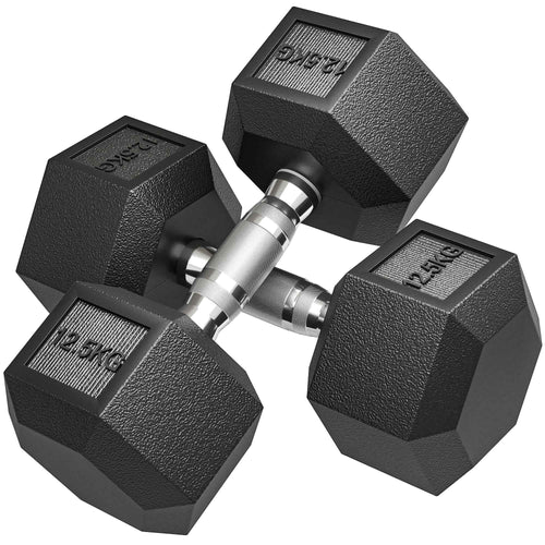 HOMCOM 2 x 12.5 kg Hex Dumbbell Set, Gym Weights with Non-Slip Knurled Grip, Black