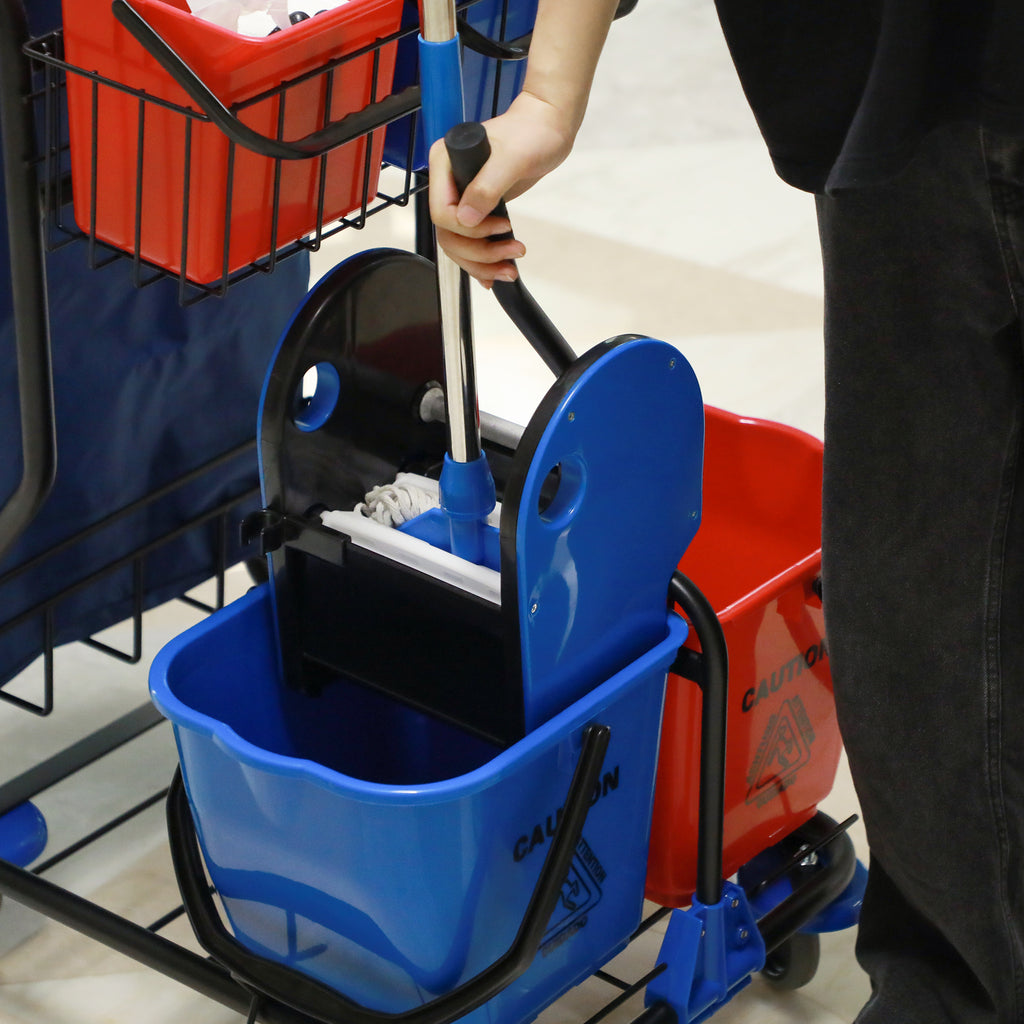 Cleaning Trolley with Garbage Bag, 4 Buckets and Mop Wringer, 93x80x97 cm, Red Blue and Black