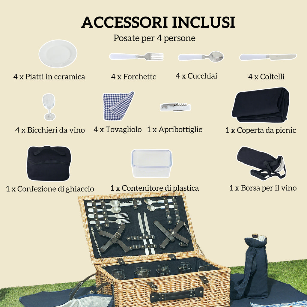 Picnic Basket for 4 People with Fridge Area and Accessories, in Wicker, 54x34x20 cm, Wood Color