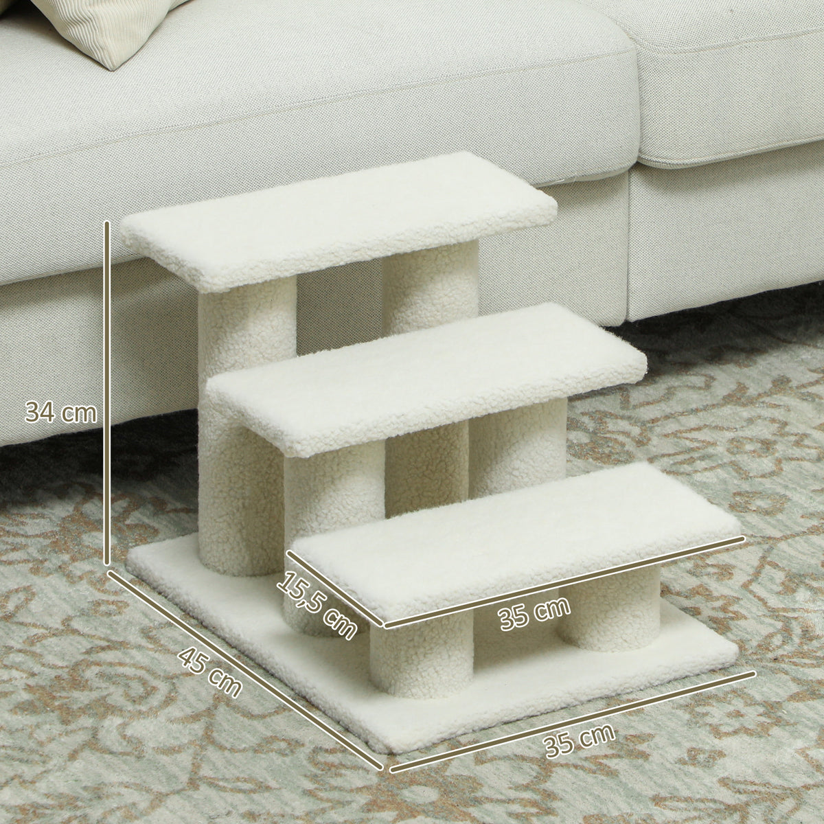 PawHut 3-Step Plush Dog and Cat Ladder, 45x35x34 cm, Beige