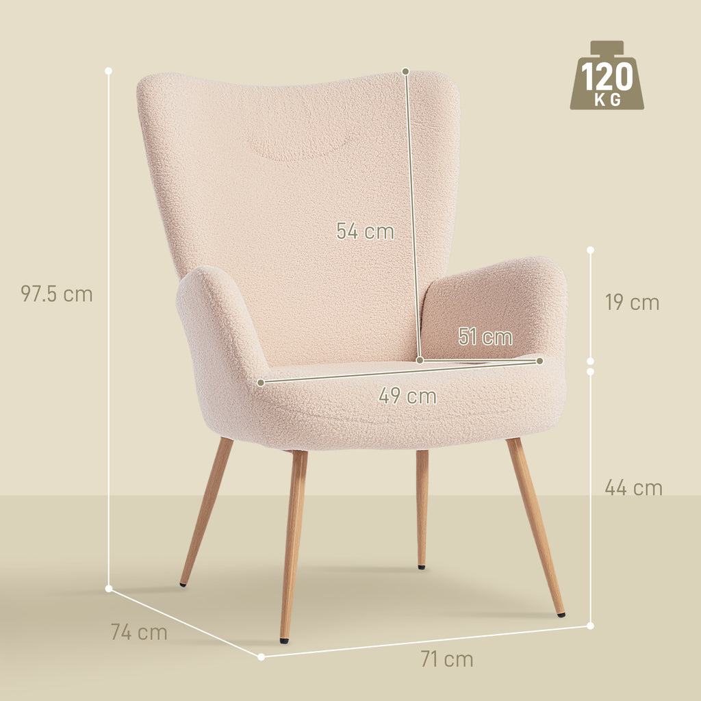 Modern Sherpa Fabric Upholstered Armchair with High Back and Armrests, Beige