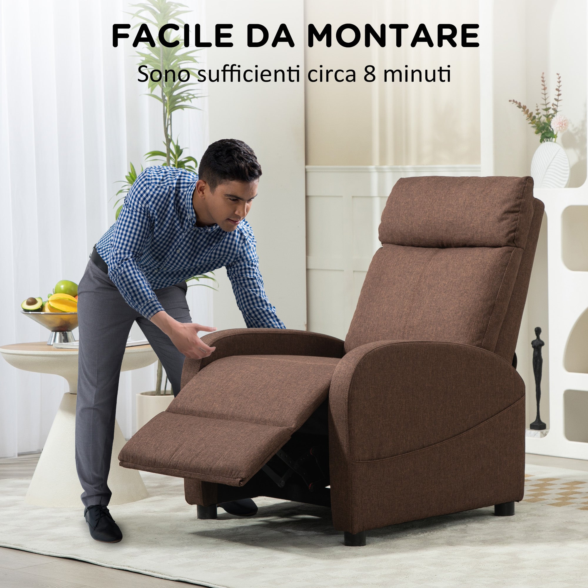 Reclining Relax Chair with Footrest in Linen Effect Fabric, 69x85x100 cm, Brown