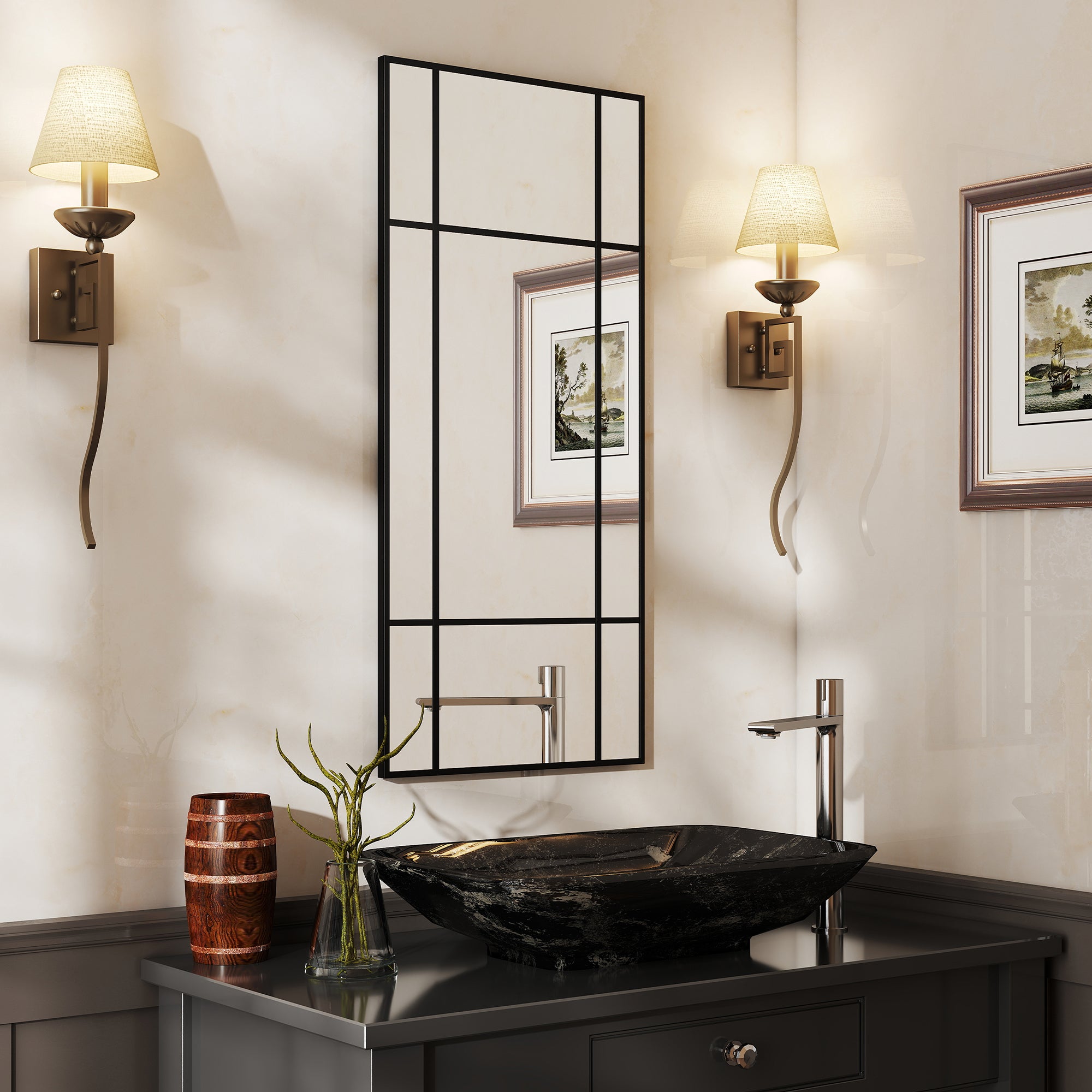 Window Style Wall Mirror with Vertical and Horizontal Mounting, 110x50cm, Black