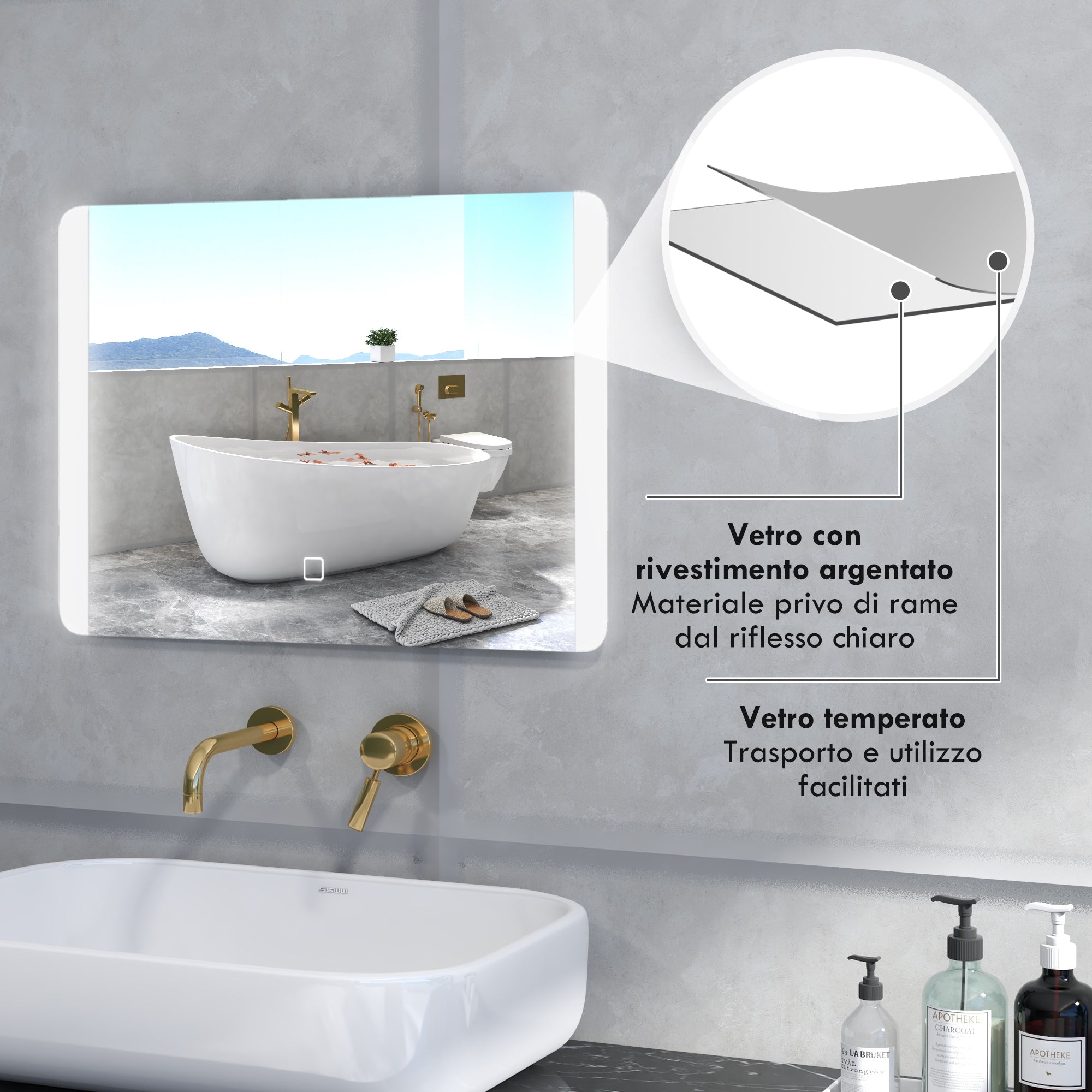 Bathroom Mirror with 3 Temperature LED Light, Touch Switch and Anti-fog, 70x50cm