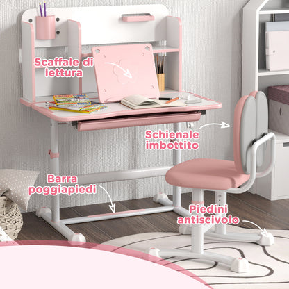 Adjustable Children's Desk and Chair Set, School Desk with Tilting Top, Drawer, Shelf, Pink