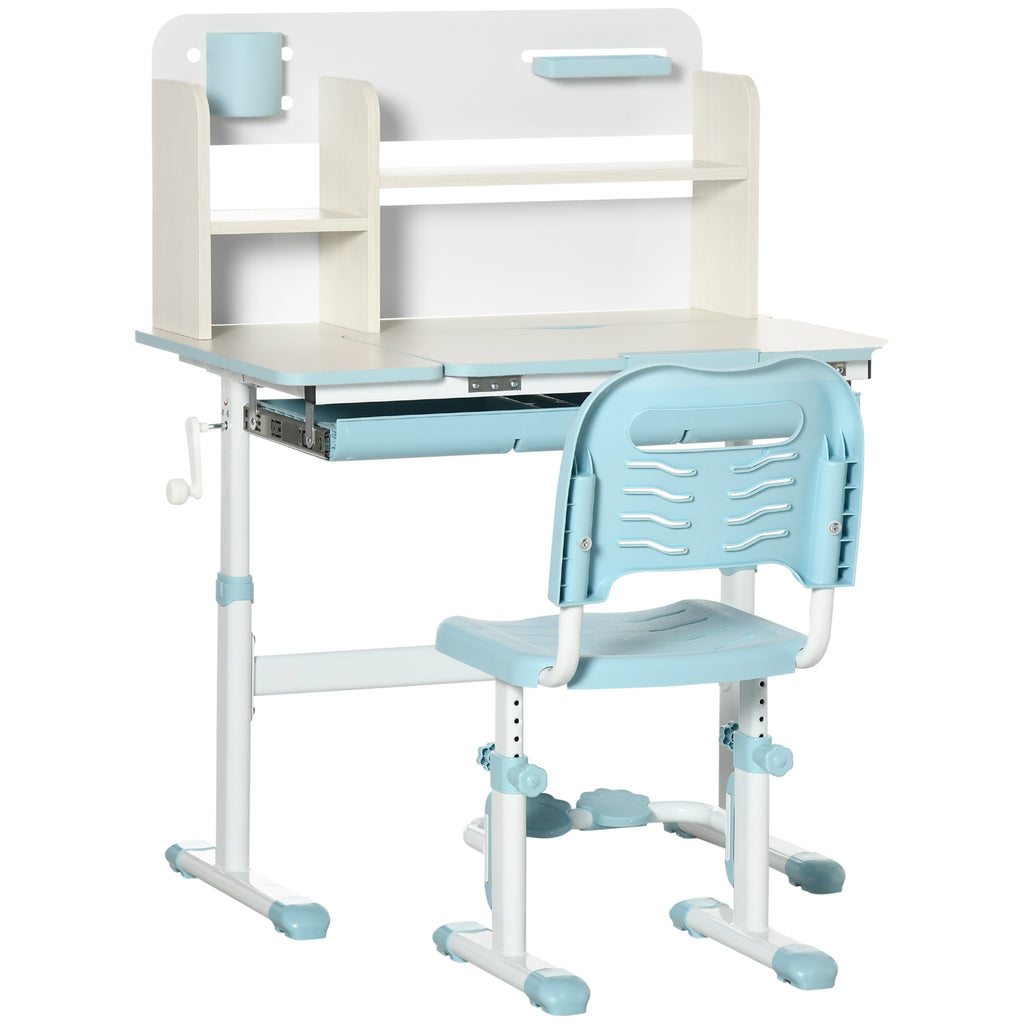 Children's Desk and Chair Set for Ages 3 and Up, Adjustable 60° Tiltable Table with Drawer and Shelves, Blue