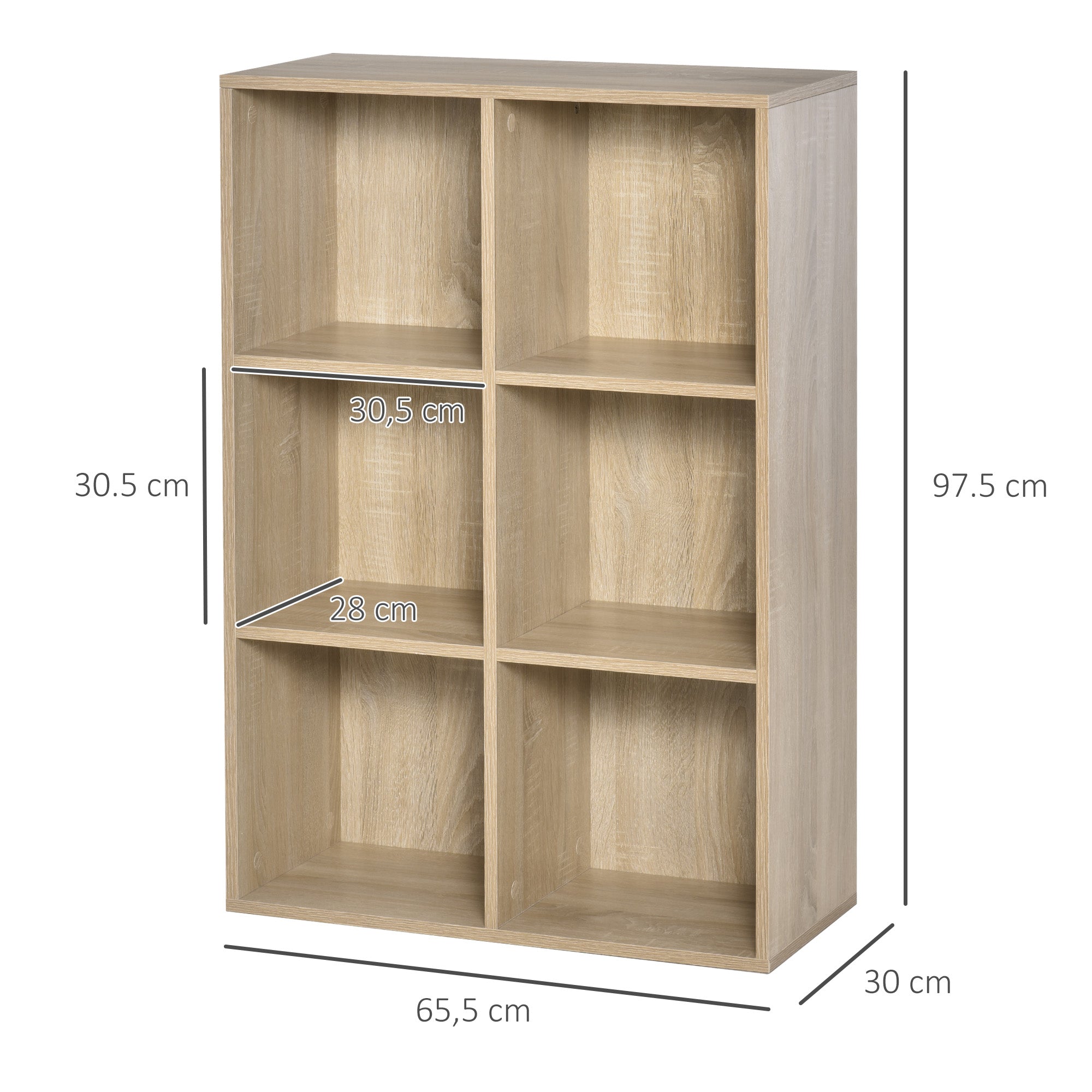 Modern 6-Cube Wooden Bookcase, 65.5x30x97.5 cm, Oak Color