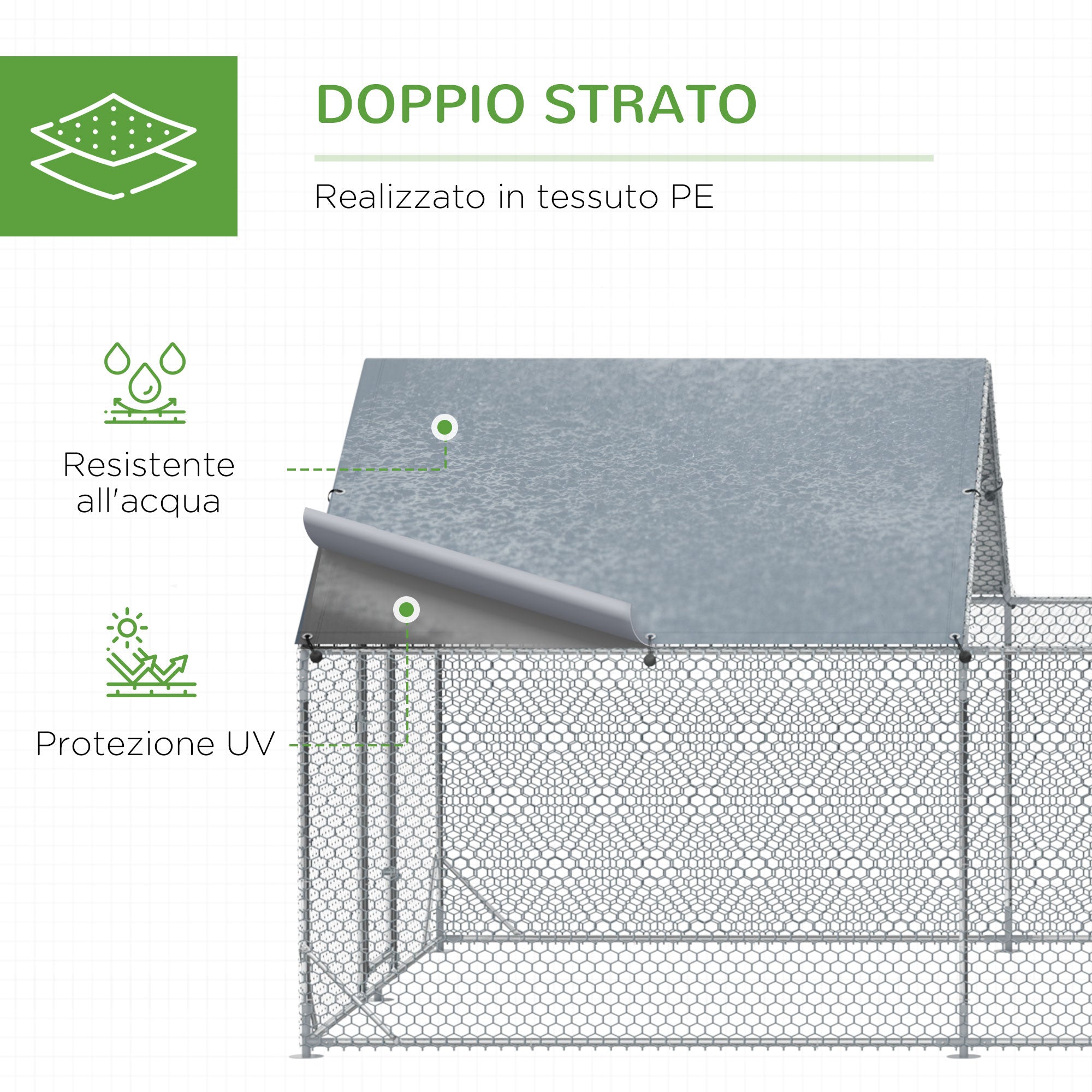 Garden Chicken Coop for 15-18 Chickens in Galvanized Steel and PE with Roof and Lock, 600x300x195 cm