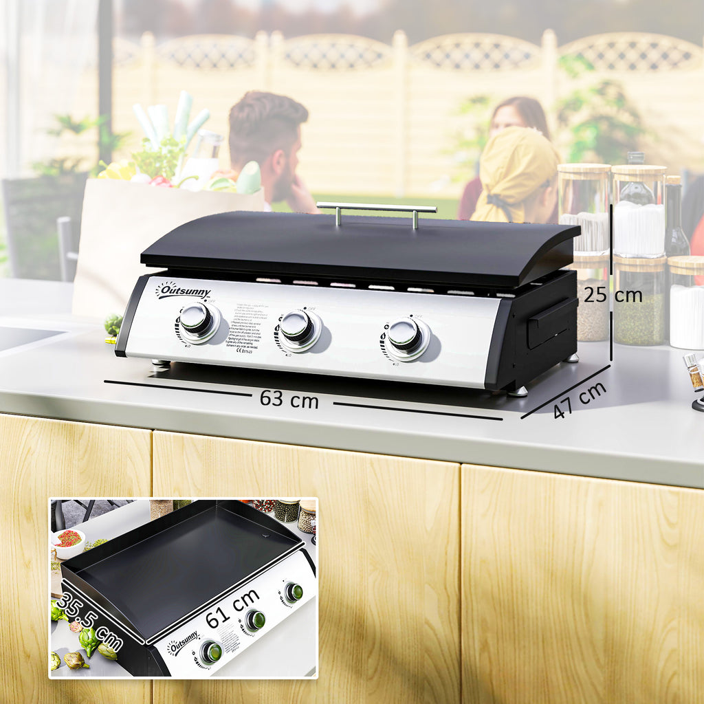 Enamelled Steel Gas Hob with 3 Burners Power 7.5kW, 3 Cooking Zones and Lid, Black