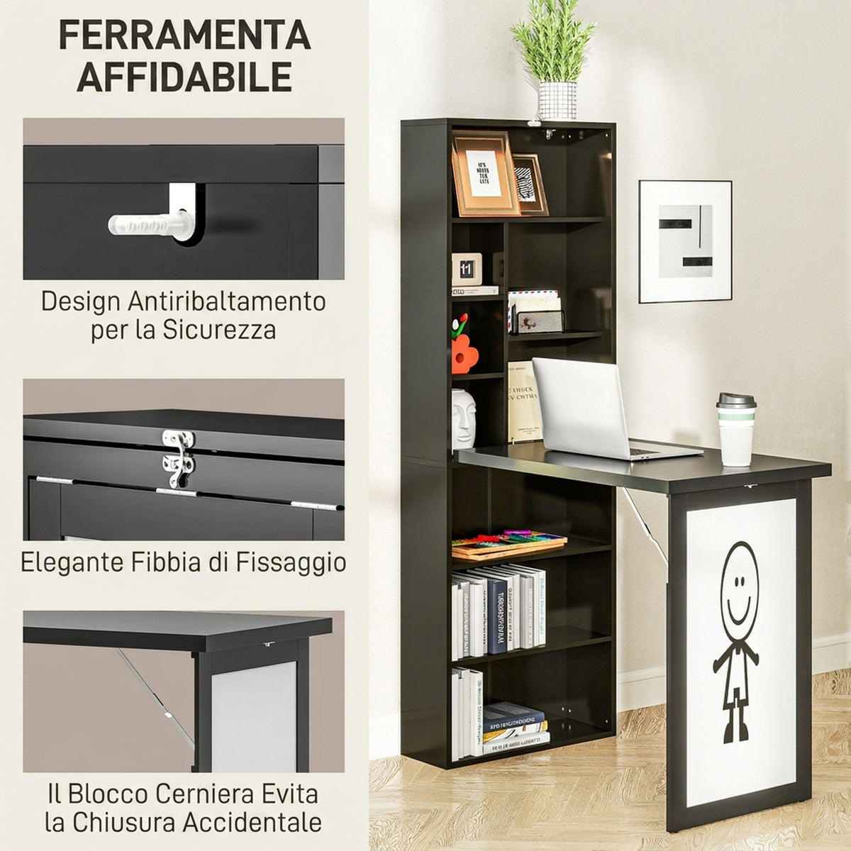 HOMCOM Modern Folding Desk with Bookcase and Blackboard, Wood and Metal, 98x51x153 cm, Black