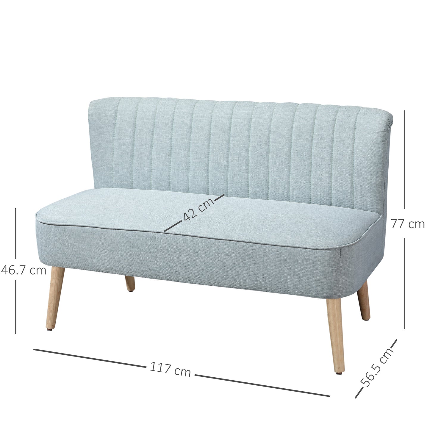 2 Seater Modern Fabric Sofa Without Armrests with Wooden Legs, 117x56. 5x77 cm, Light Blue