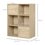 Wooden Bookcase, Multipurpose Cabinet with 3 Shelves, 4 Compartments and 2 Doors, 61.5x29.5x80cm