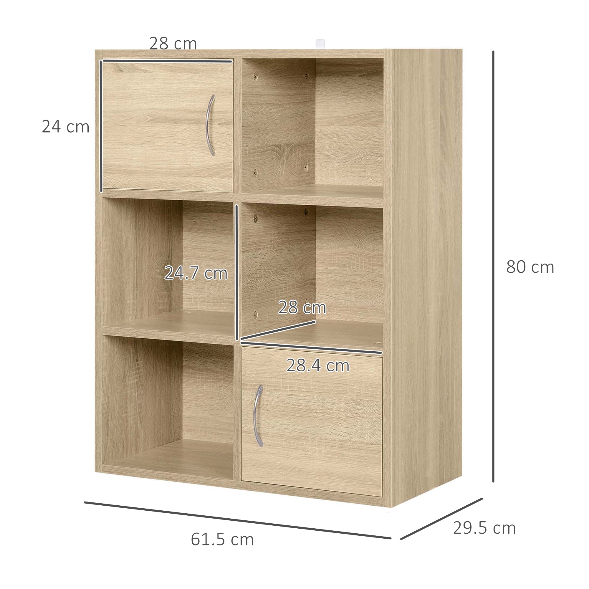 Wooden Bookcase, Multipurpose Cabinet with 3 Shelves, 4 Compartments and 2 Doors, 61.5x29.5x80cm