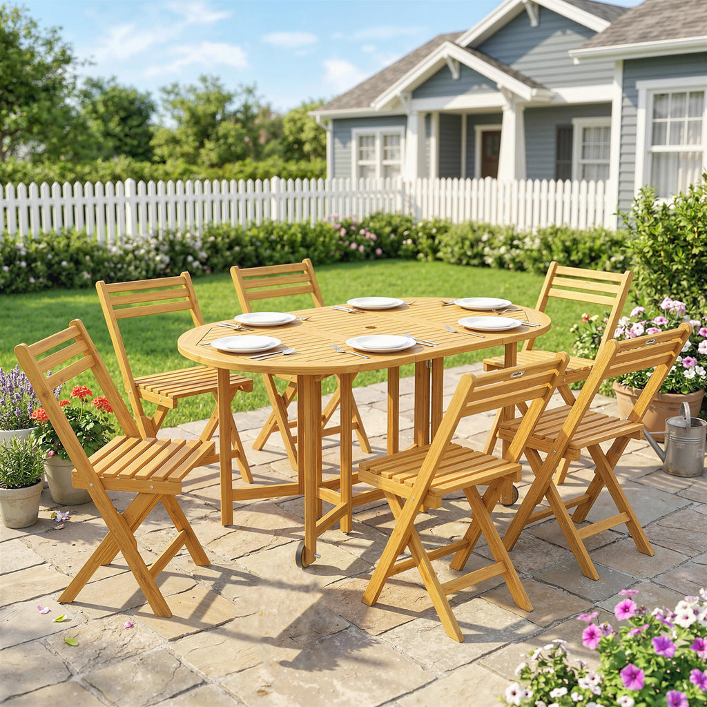 Outsunny 7-Piece Extendable Wooden Dining Set with 6 Folding Chairs for Garden