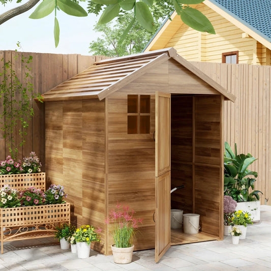 Wooden Garden House / Garden Shed for Storage with flooring | 1.8x2m with Double Door, Window and Base Included, Wood Color