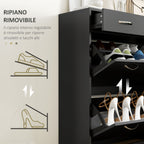 Shoe Rack of 12 Pairs with 2 Adjustable Internal Shelves and 2 Drawers, in Wood, 80x30x91.5 cm, Black