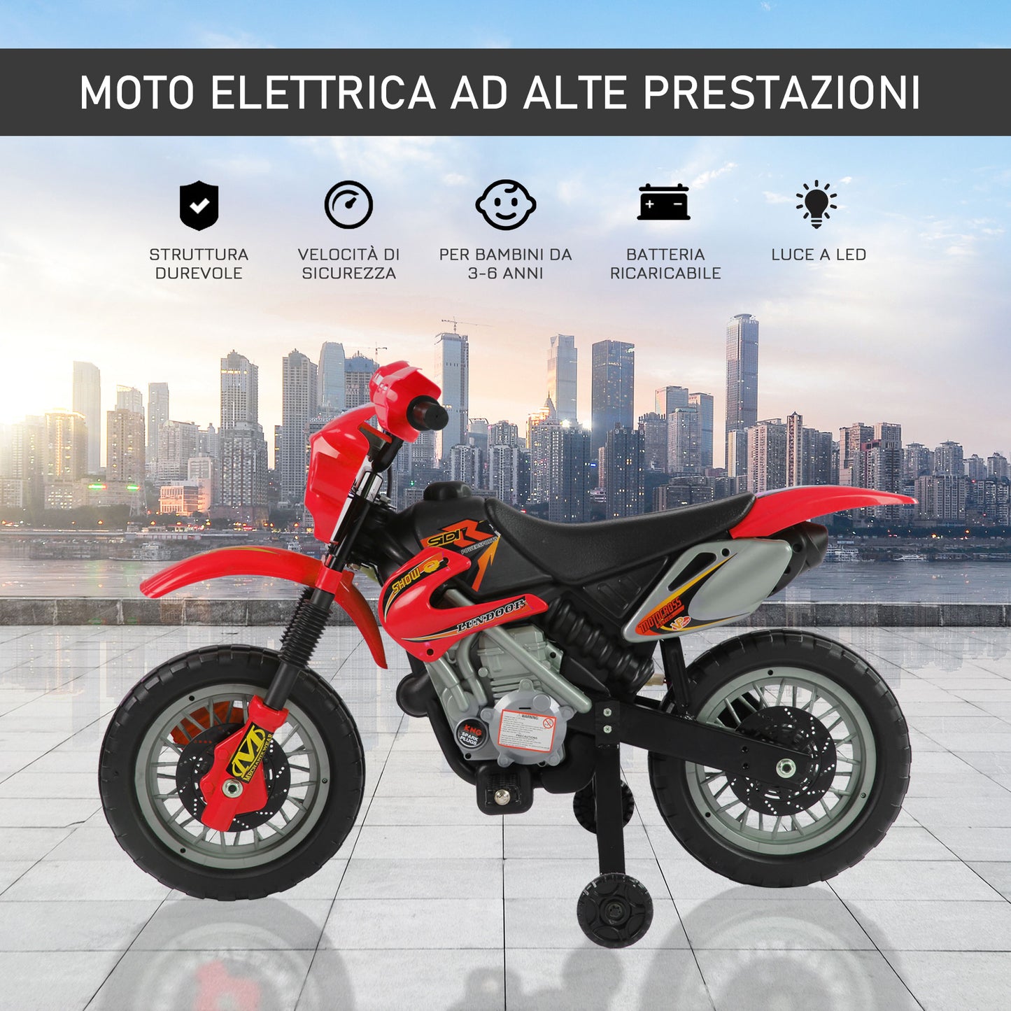 Electric Motorcycle for Children 3-6 Years in PP Plastic with Support Wheels, Headlights and Music, 102x53x66 cm, Red and Black