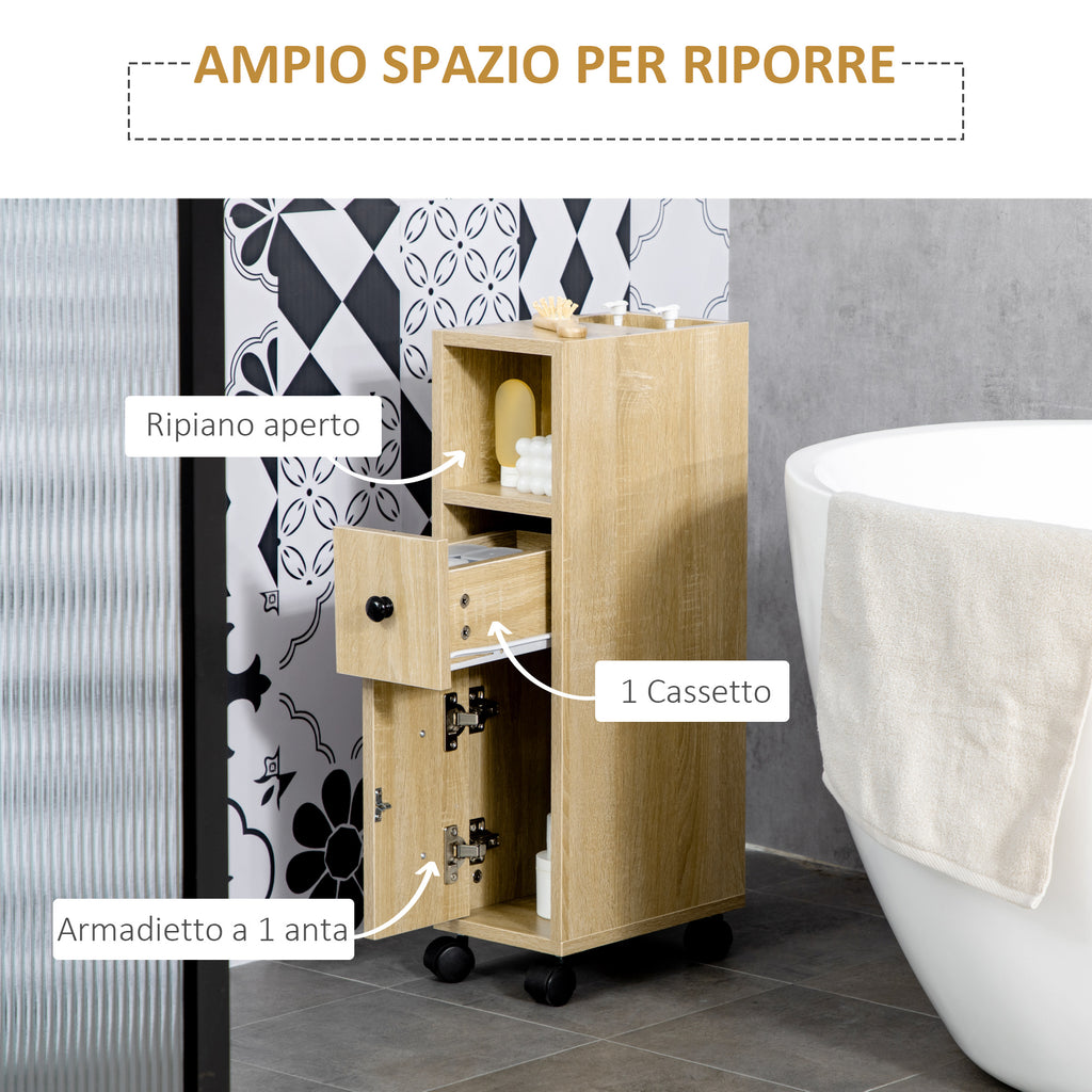 Kleankin Bathroom Cabinet, Bathroom Furniture with 4 Wheels, 1 Drawer, 1 Cabinet with Door, 2 Open Cabinets, Oak Color, 18x30x68.5 cm