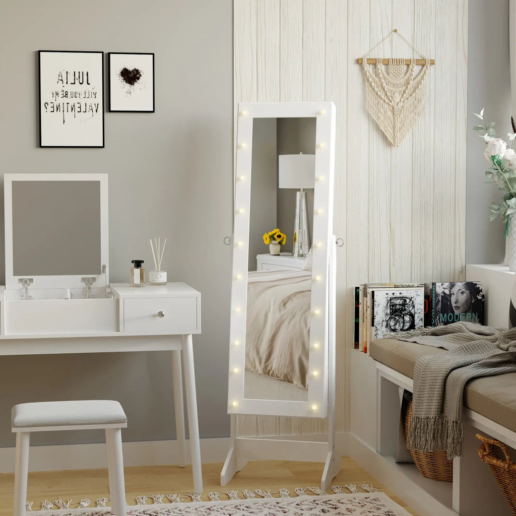 Jewellery Cabinet Adjustable Mirror Jewellery Box 20 LED Lights, Wood, White, 40x37x146 cm
