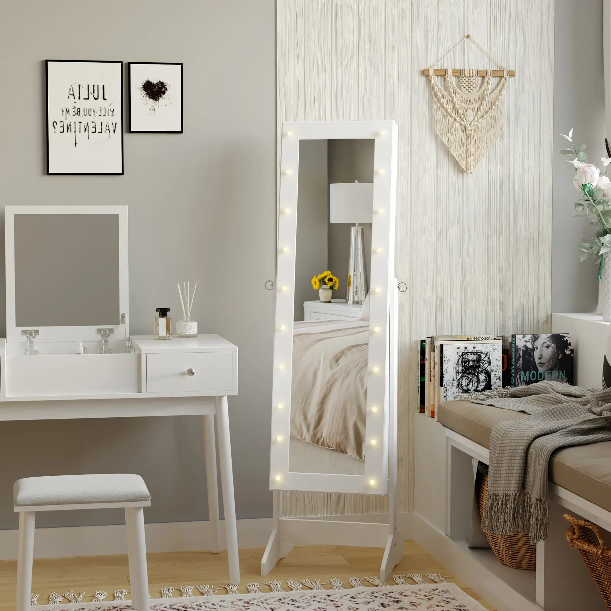 Jewellery Cabinet Adjustable Mirror Jewellery Box 20 LED Lights, Wood, White, 40x37x146 cm