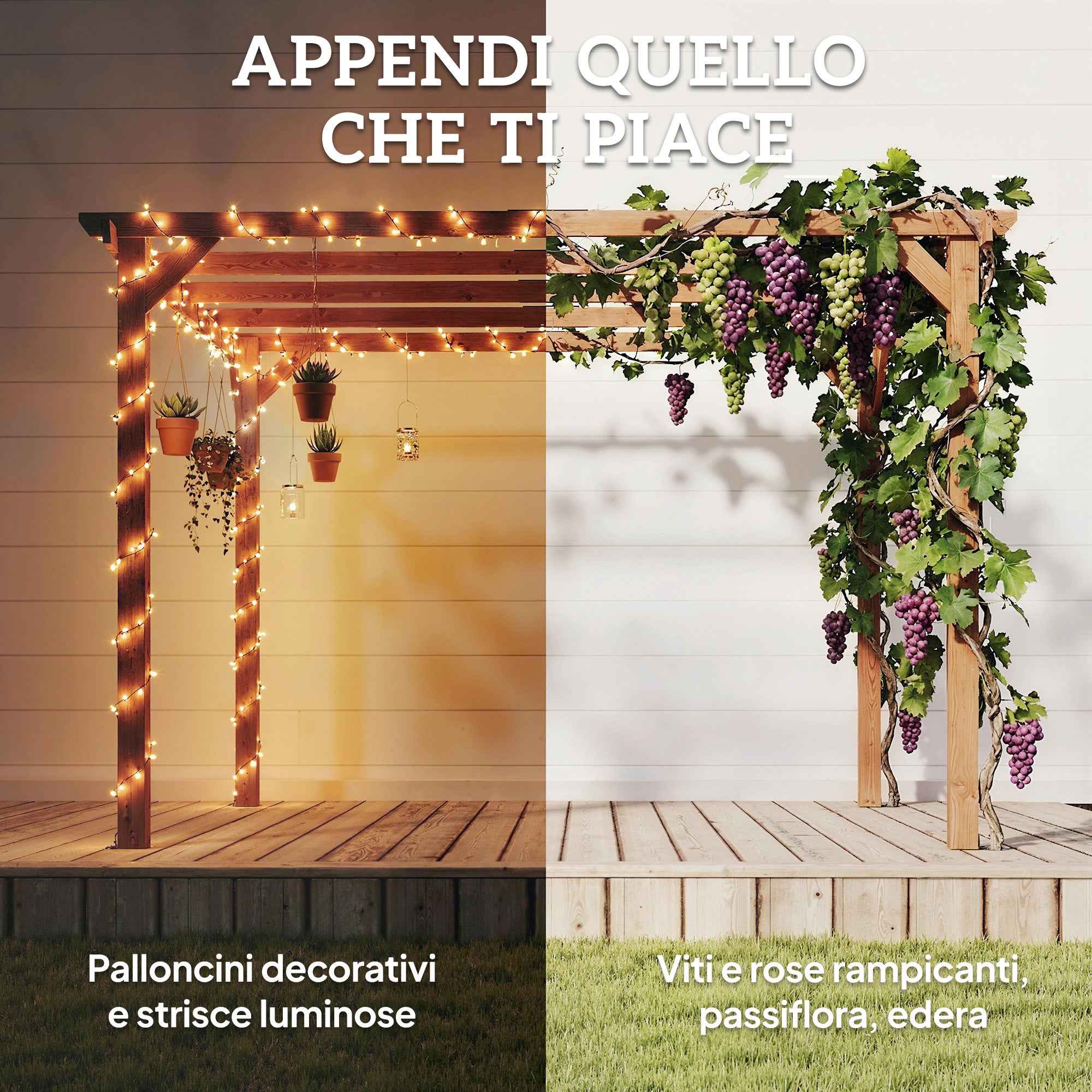 3x3 m Fir Wood Garden Pergola with Triangular Supports and 5 Beams, Wood Color