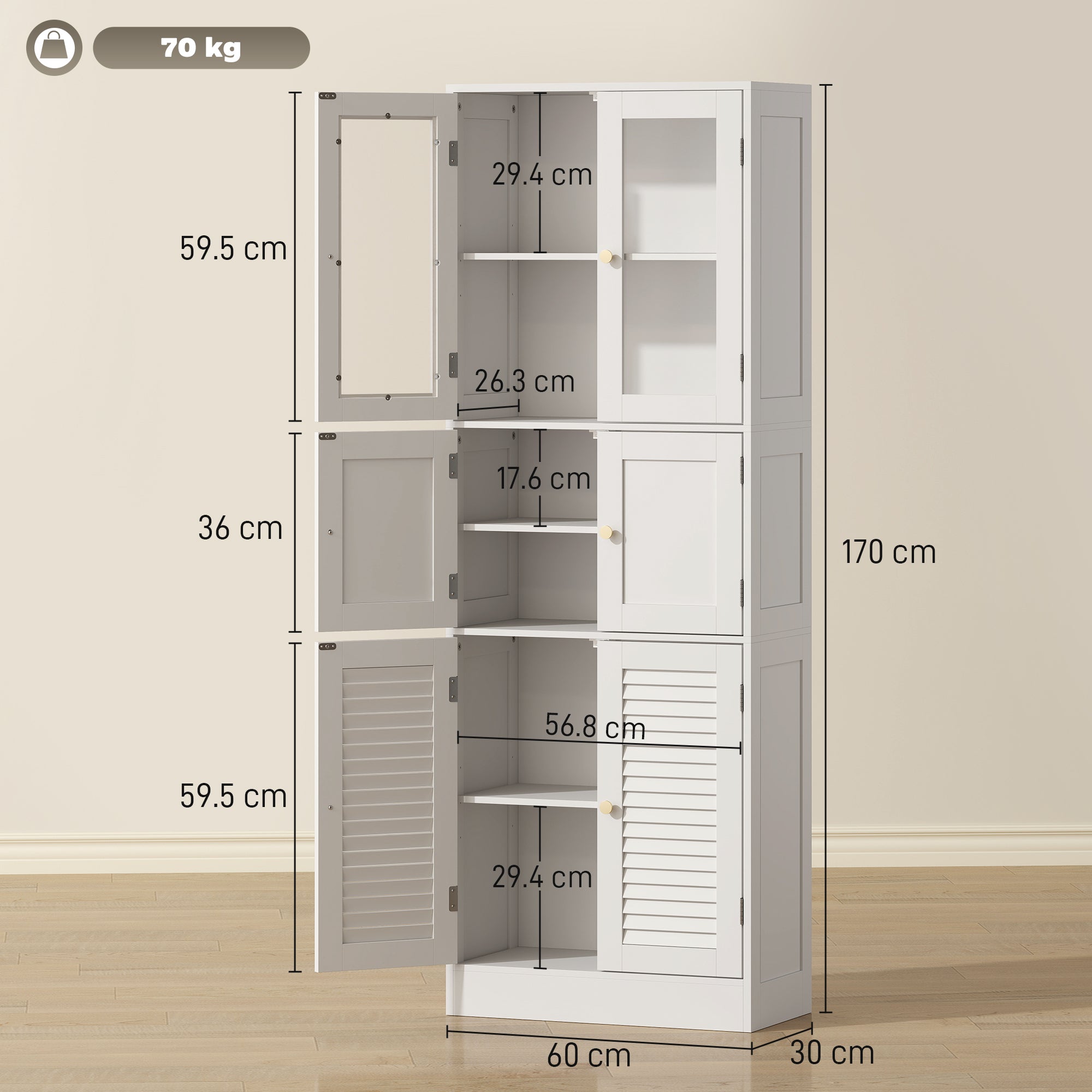 Bathroom Cabinet with 3 Glass and Wood 2-Door Cabinets, Adjustable Shelves, 60x30x170 cm, White