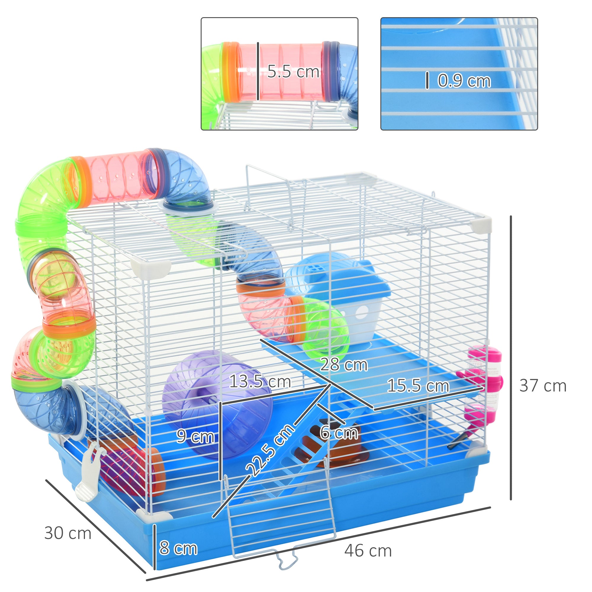 2-Tier Hamster Cage with Water Tank, Tray, Tube and Hamster Wheel, 46x30x37 cm
