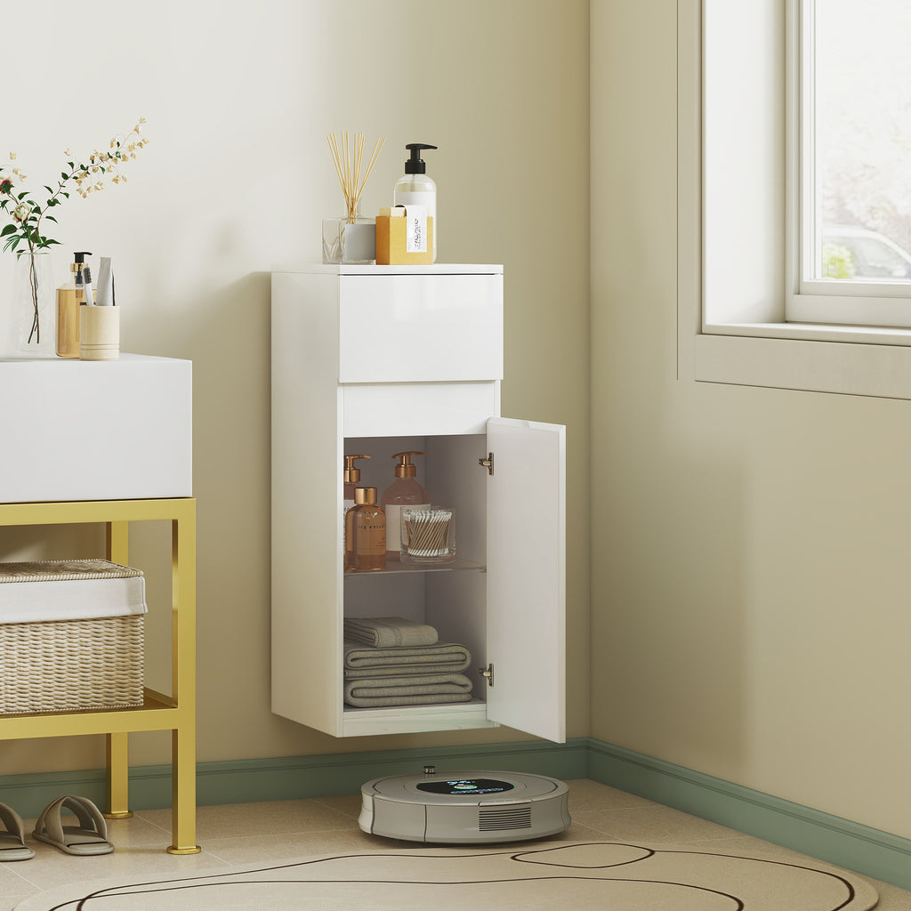 Wall-Mounted Bathroom Cabinet with Drawer, Glossy Door and Adjustable Glass Shelf, White